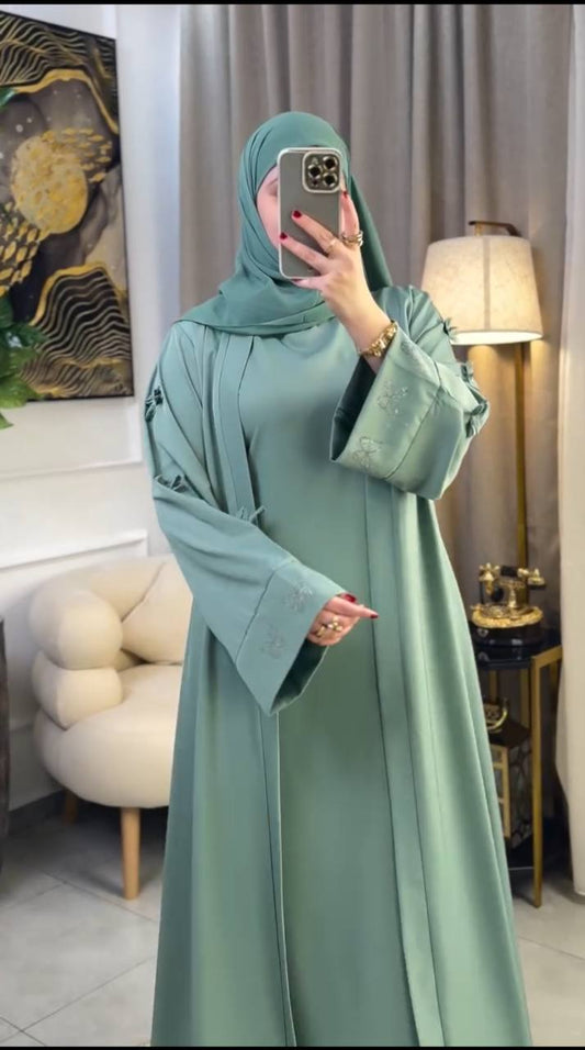 🕌 عباية راقية قطعتين كريب روز –Teal